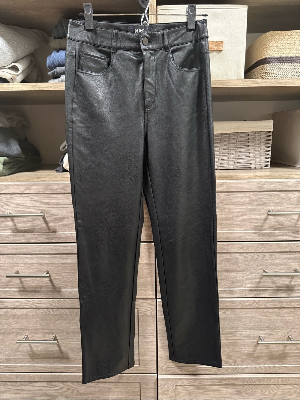 PAIGE Black Straight-Leg Leather-Look Jeans